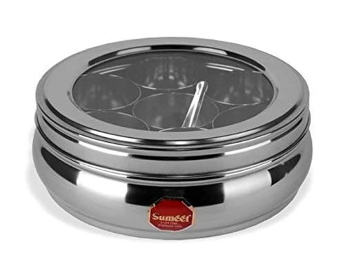 best Sumeet Stainless Steel Belly Shape Masala (Spice) Box/Dabba/Organiser With See Through Lid With 7 Containers And Small Spoon (Small), Beige