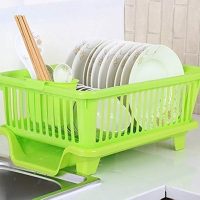 Plastic Dish Rack with Draining Tray and Knife & Fork Holder – Green